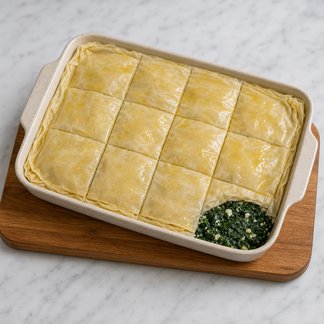 Unbaked spanakopita with scored phyllo layers