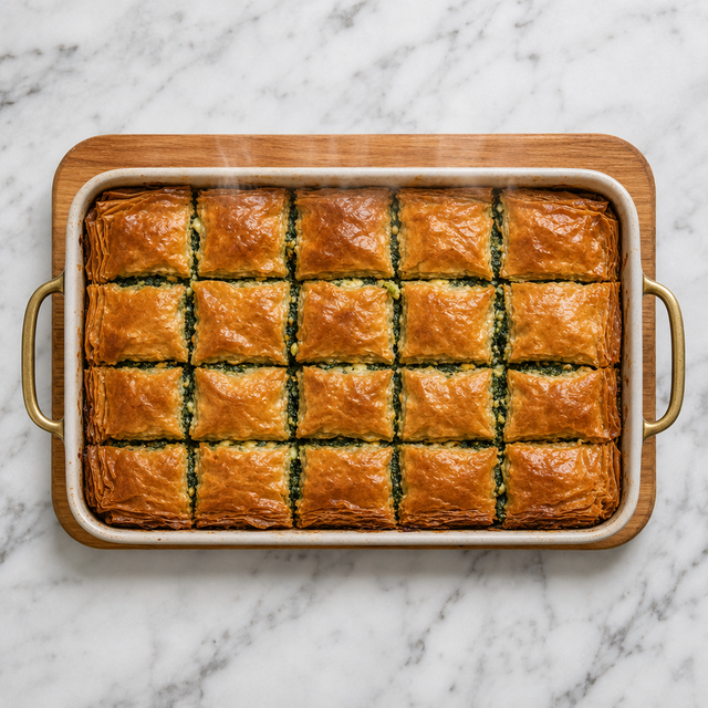 Golden baked spanakopita cut into crisp squares