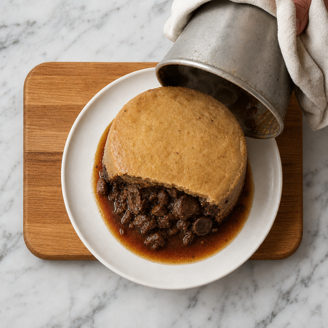 Golden steak and kidney pudding unmolded onto a serving plate