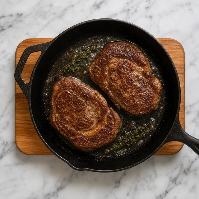 Ribeye steaks developing a browned crust in a skillet