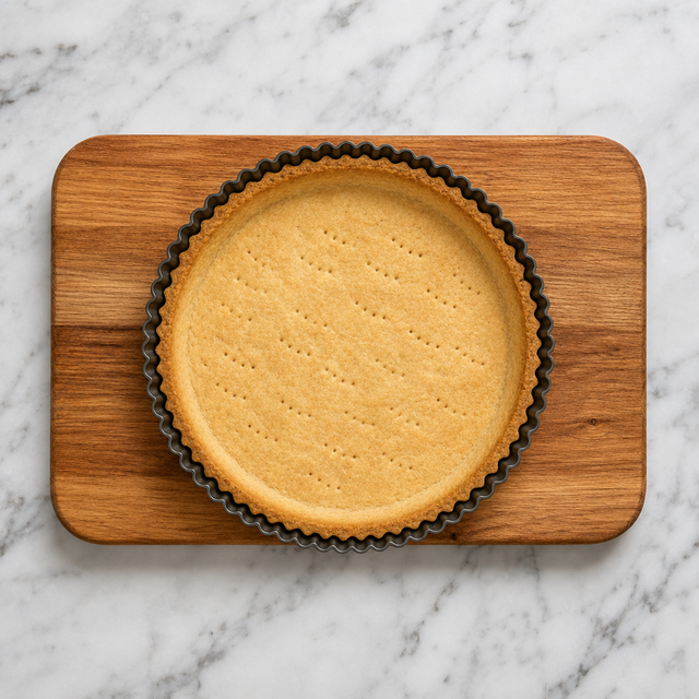 Golden baked tart shell cooling in its pan