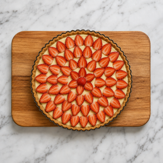 Fresh strawberries arranged in concentric circles over pastry cream