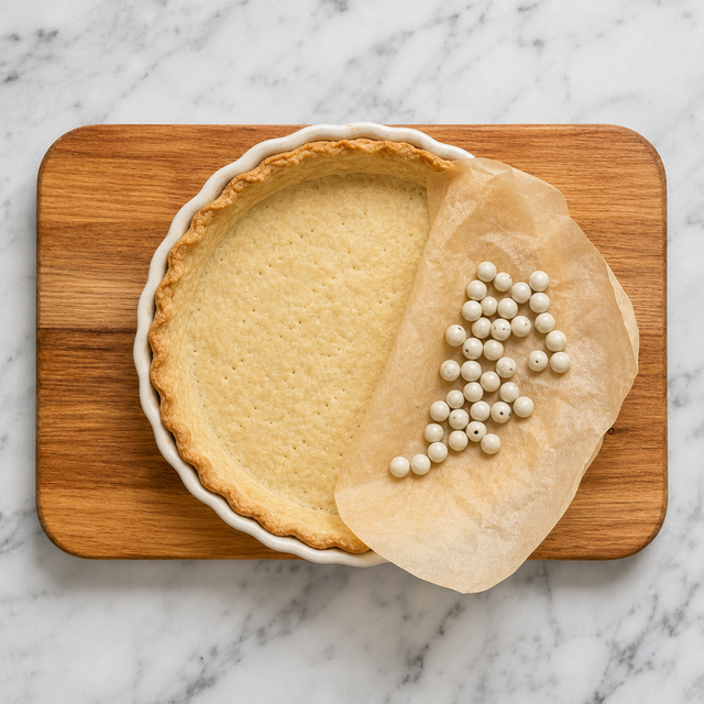 Partially blind-baked pastry shell with golden edges in a pie plate