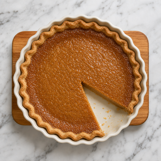 Canadian sugar pie with a glossy caramel custard and crisp pastry crust