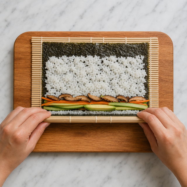 A bamboo mat shaping a filled vegetarian sushi roll
