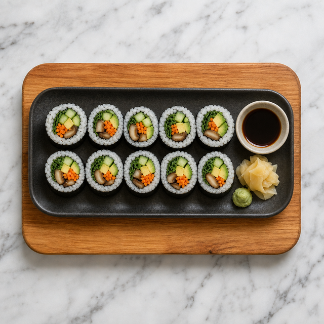 Sliced vegetarian sushi rolls arranged on a dark platter