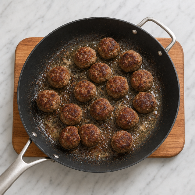 Swedish meatballs browning in a skillet