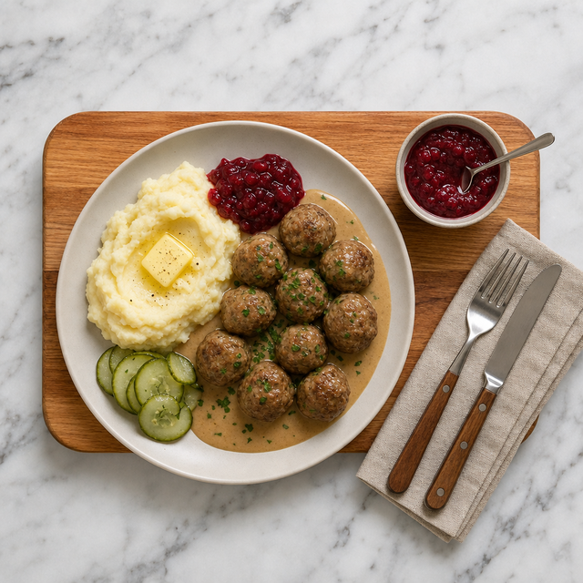 Swedish meatballs served with mashed potatoes and lingonberry preserves