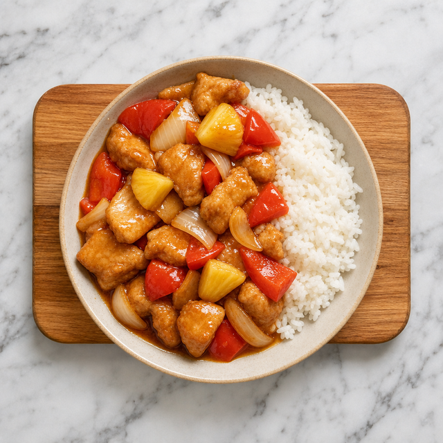 Sweet and sour chicken with peppers, pineapple, and rice