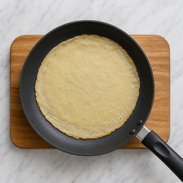 A thin crêpe cooking in a skillet with golden edges