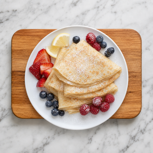 Folded sweet crêpes served with berries and confectioners’ sugar