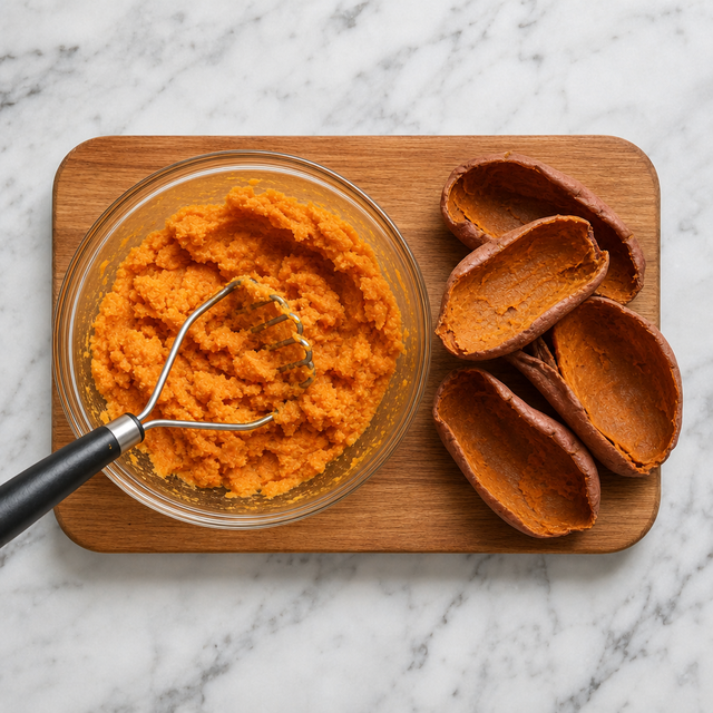 Roasted sweet potato flesh being scooped from its skins