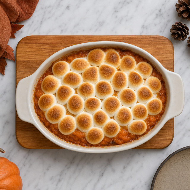 Toasted marshmallows on top of sweet potato casserole