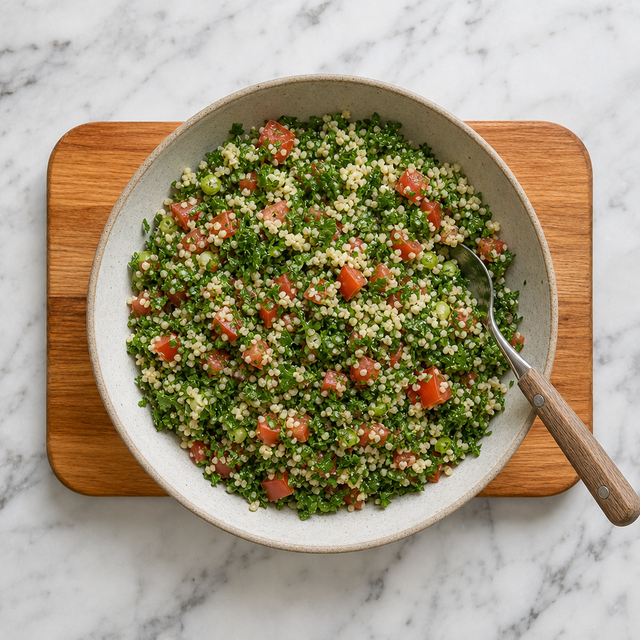 Vibrant tabbouleh tossed with parsley, mint, tomato, and bulgur