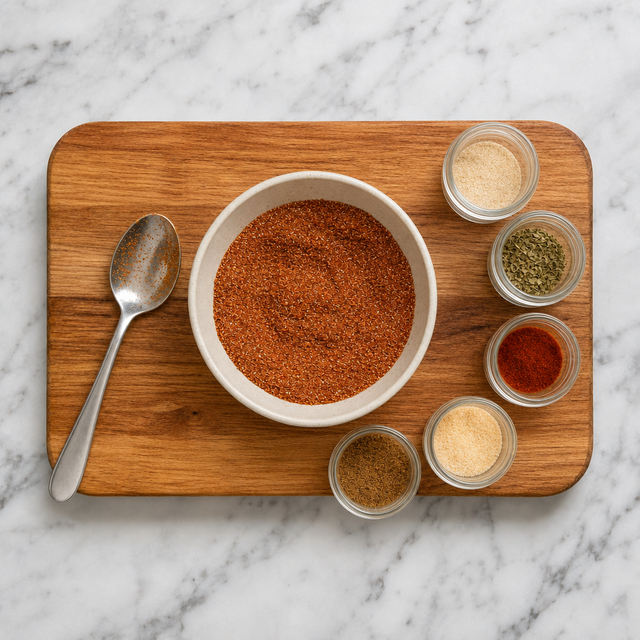 Evenly blended taco seasoning mix in a small bowl.