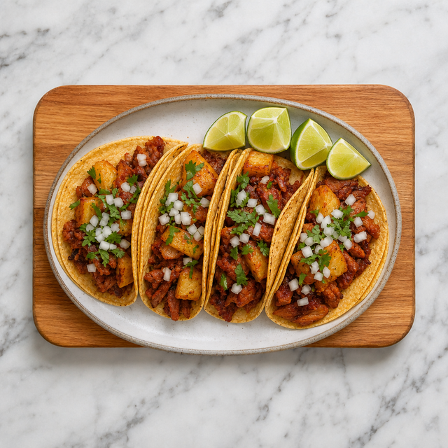 Tacos al Pastor topped with pineapple, onion, cilantro, and lime