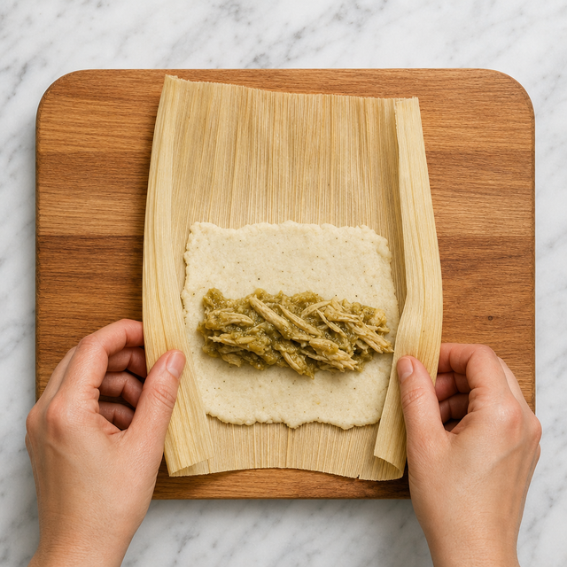 Corn husk being filled and folded around masa and chile verde chicken
