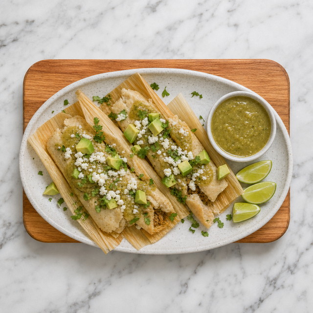 Steamed chicken tamales served with green salsa and fresh garnishes