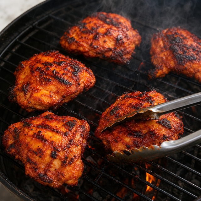 Tandoori chicken grilling with charred edges