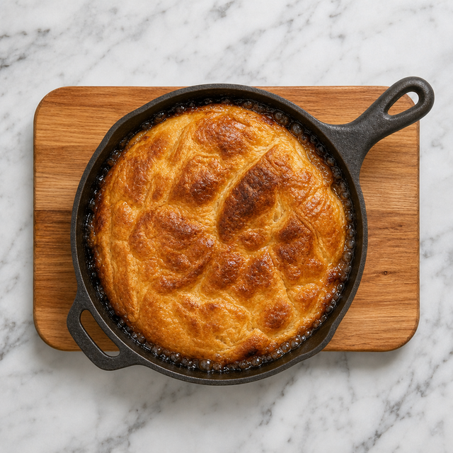 Deeply golden pastry baked over caramelized apples
