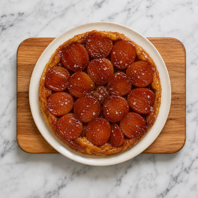 Tarte Tatin inverted onto a serving plate with glossy caramelized apples