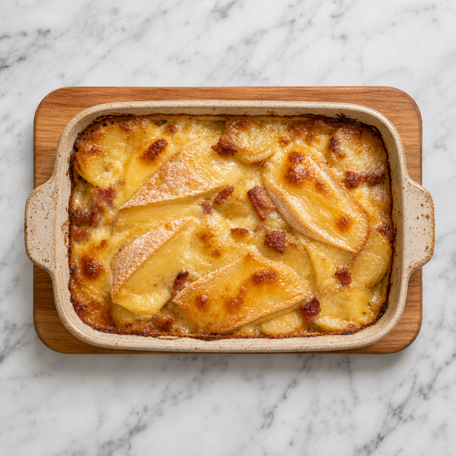 Golden bubbling tartiflette fresh from the oven