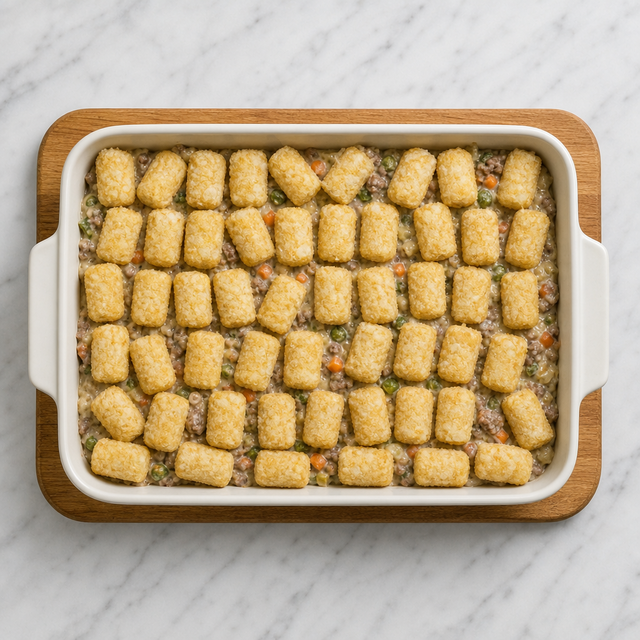 Tater tots arranged in a single layer over the creamy beef filling