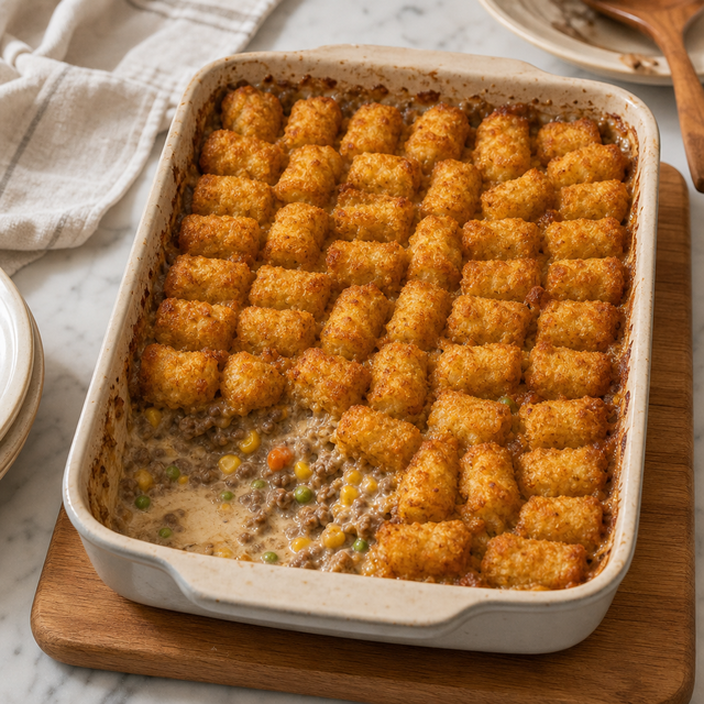 Finished tater tot hotdish with crisp golden potato topping