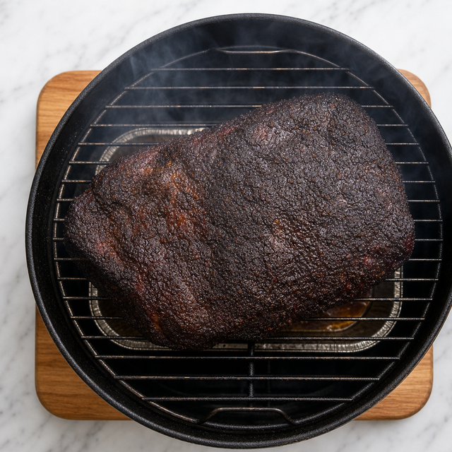 Brisket developing a dark bark in the smoker