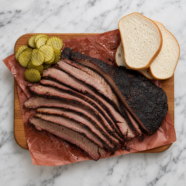 Juicy sliced Texas smoked brisket with a dark bark