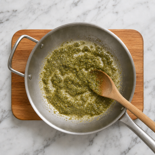 Green curry paste frying in coconut cream in a saucepan