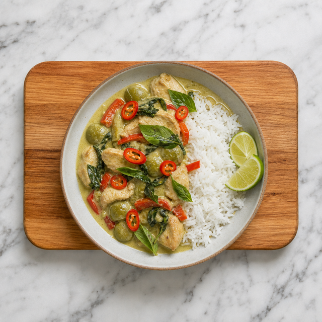 Thai green curry with chicken, vegetables, basil, and jasmine rice