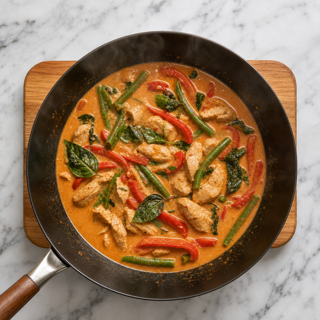 Thai red curry with tender chicken and colorful vegetables in a wok