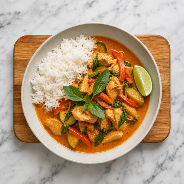 Thai red curry served with jasmine rice, lime, and basil