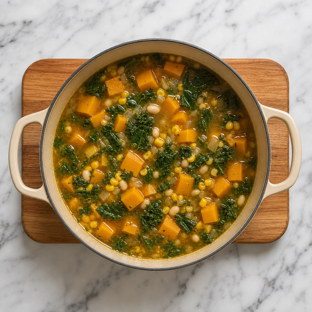 Butternut squash simmering with herbs in vegetable broth