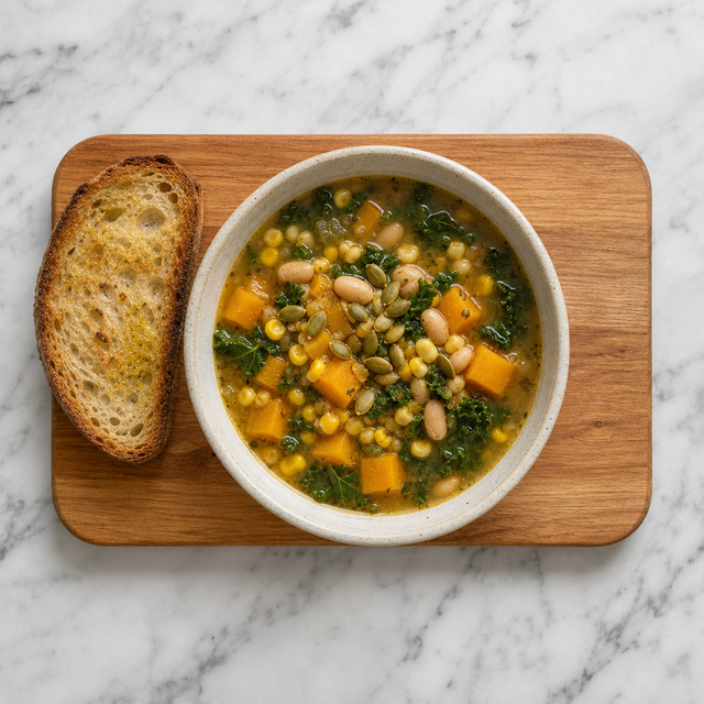 Bowl of Three Sisters Soup with corn, beans, and squash