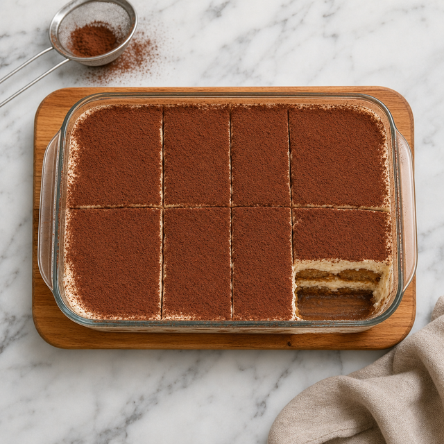 Cocoa-dusted tiramisu cut into neat creamy layers