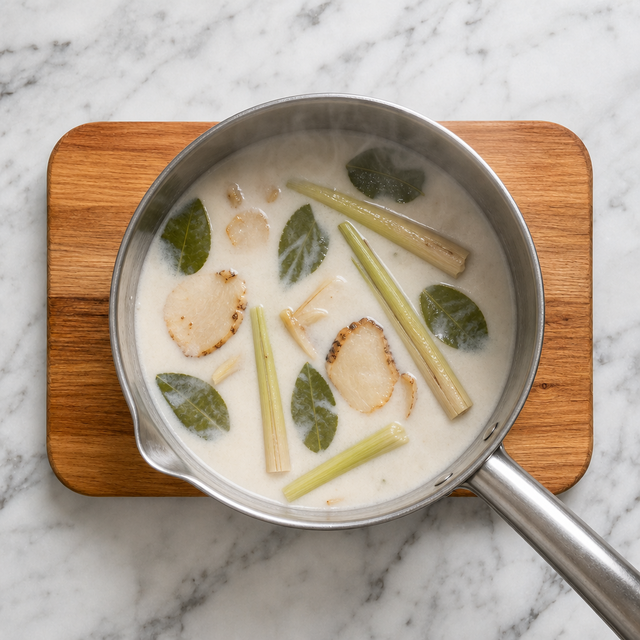 Coconut broth gently infusing with Thai aromatics in a saucepan