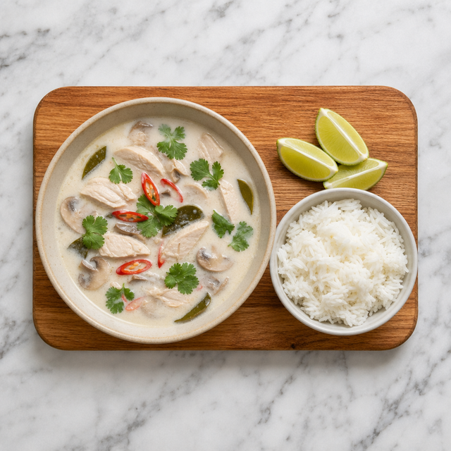 Finished Tom Kha Gai with chicken, mushrooms, cilantro, and jasmine rice