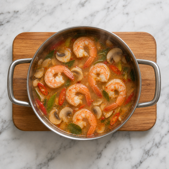 Shrimp turning pink as they cook in tom yum soup