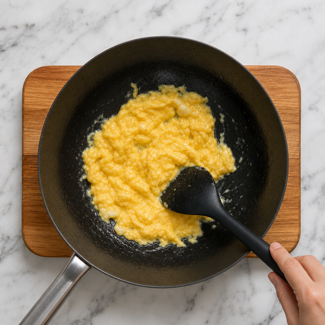 Soft glossy egg curds in a wok
