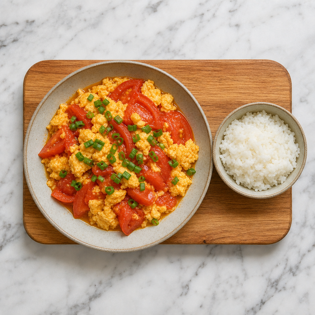 Tomato and egg stir-fry finished with scallions