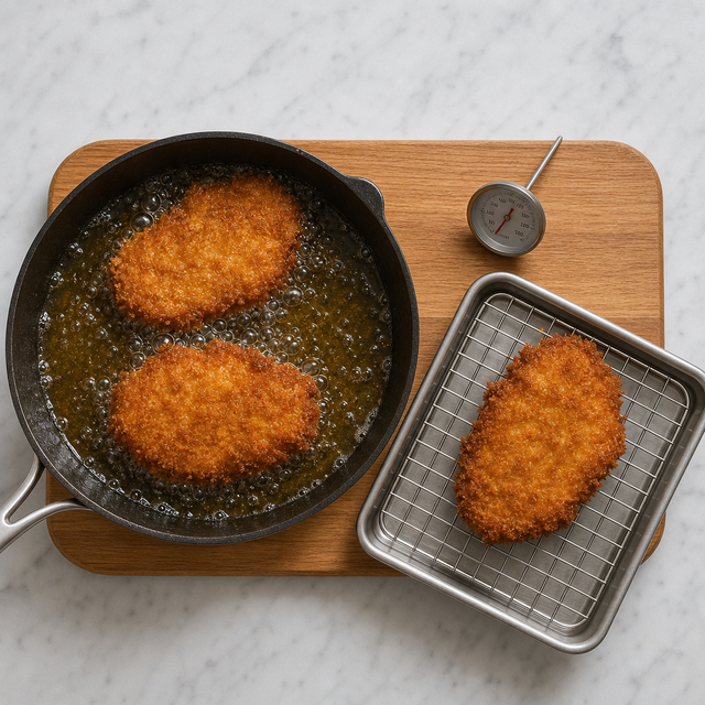 Tonkatsu frying to a crisp golden-brown crust