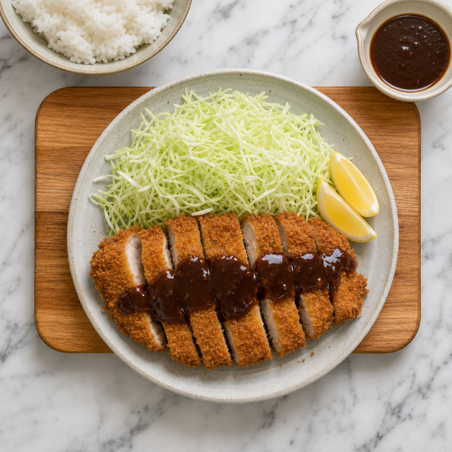 Sliced tonkatsu served with cabbage, lemon, and tonkatsu sauce