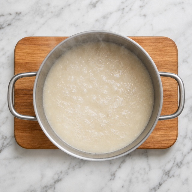Opaque creamy tonkotsu broth simmering in a pot