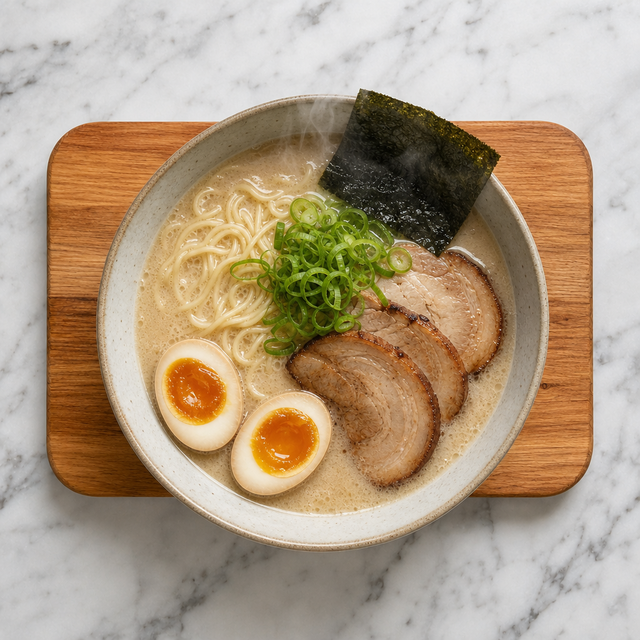 Finished tonkotsu ramen with pork, egg, scallions, and nori