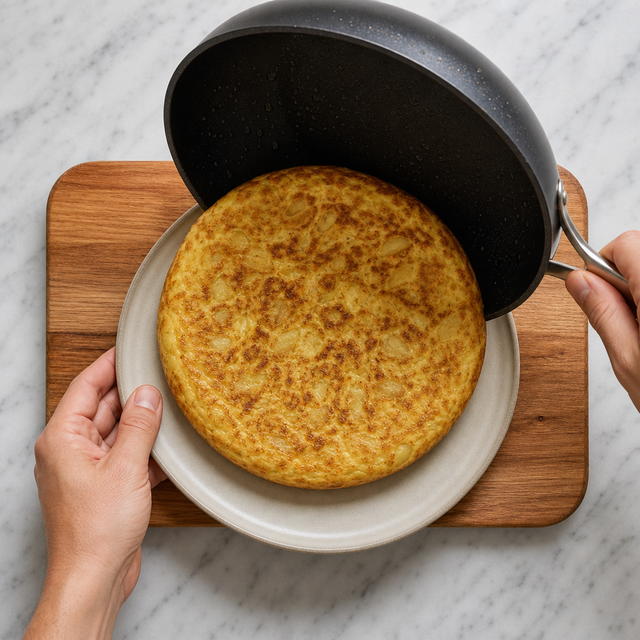 Tortilla Española being flipped onto a plate