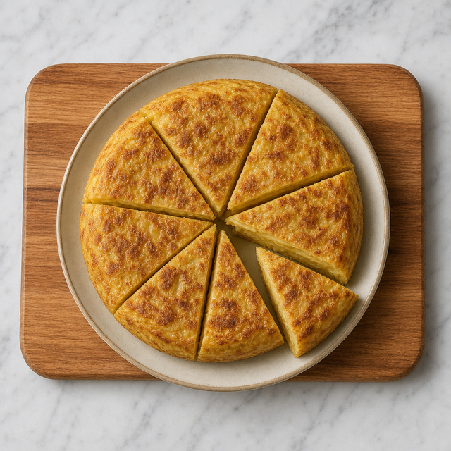 Golden Tortilla Española cut into wedges