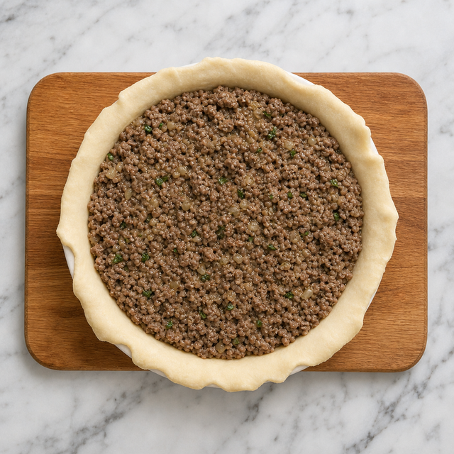 Pie shell filled with cooled tourtière meat mixture