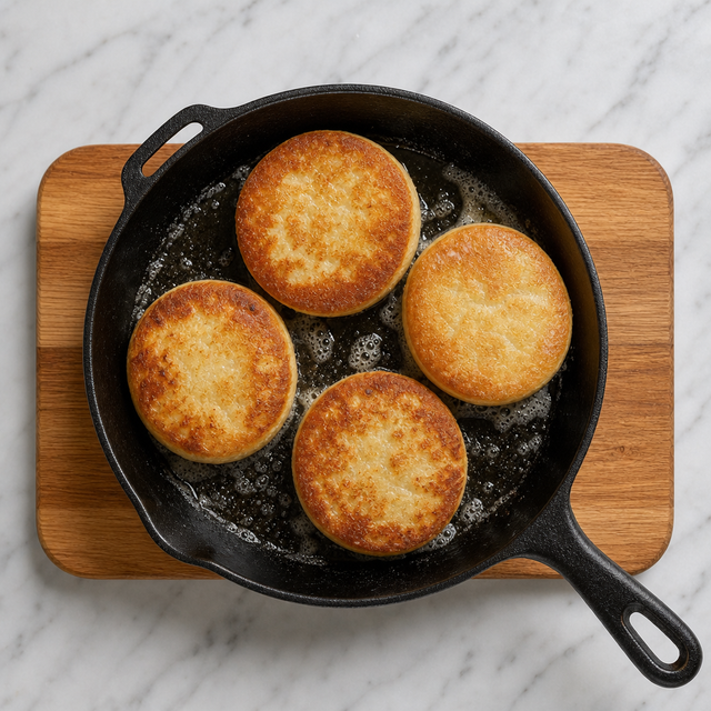 Golden toutons frying in a buttered skillet